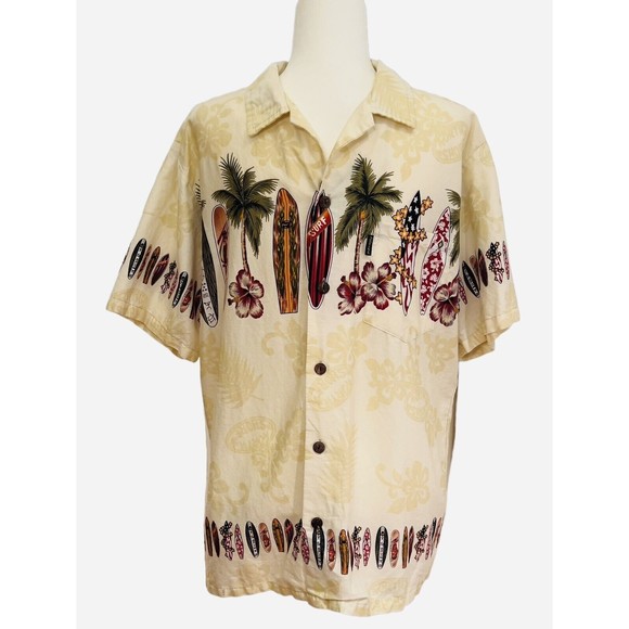 Palmwave Men's Hawaiian Camp Shirt‎ Ivory Surf Boards Palms Shirt SS L - Picture 2 of 9